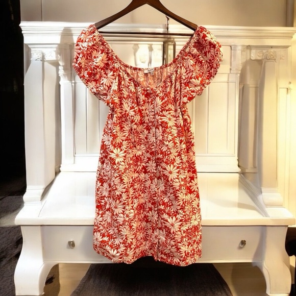 Madewell Margie Mini Dress Linen Dark Orange Floral Sz 12  Milkmaid Peasant - Picture 1 of 11